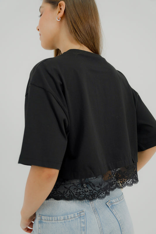 Cropped Tshirt - Lace Trim in Black