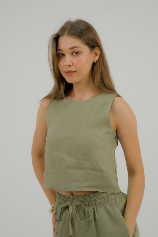 Sleeveless Linen Cropped Top - Olive