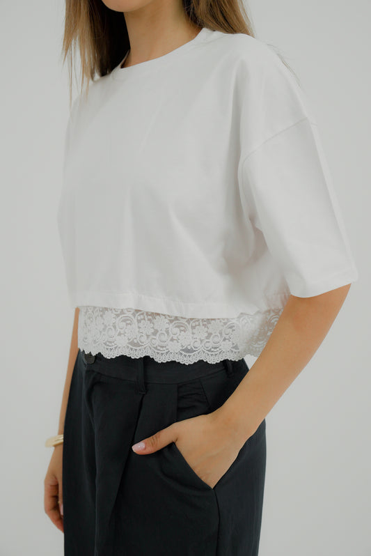 Cropped Tshirt - Lace Trim in White