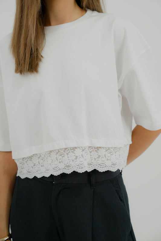 Cropped Tshirt - Lace Trim in White