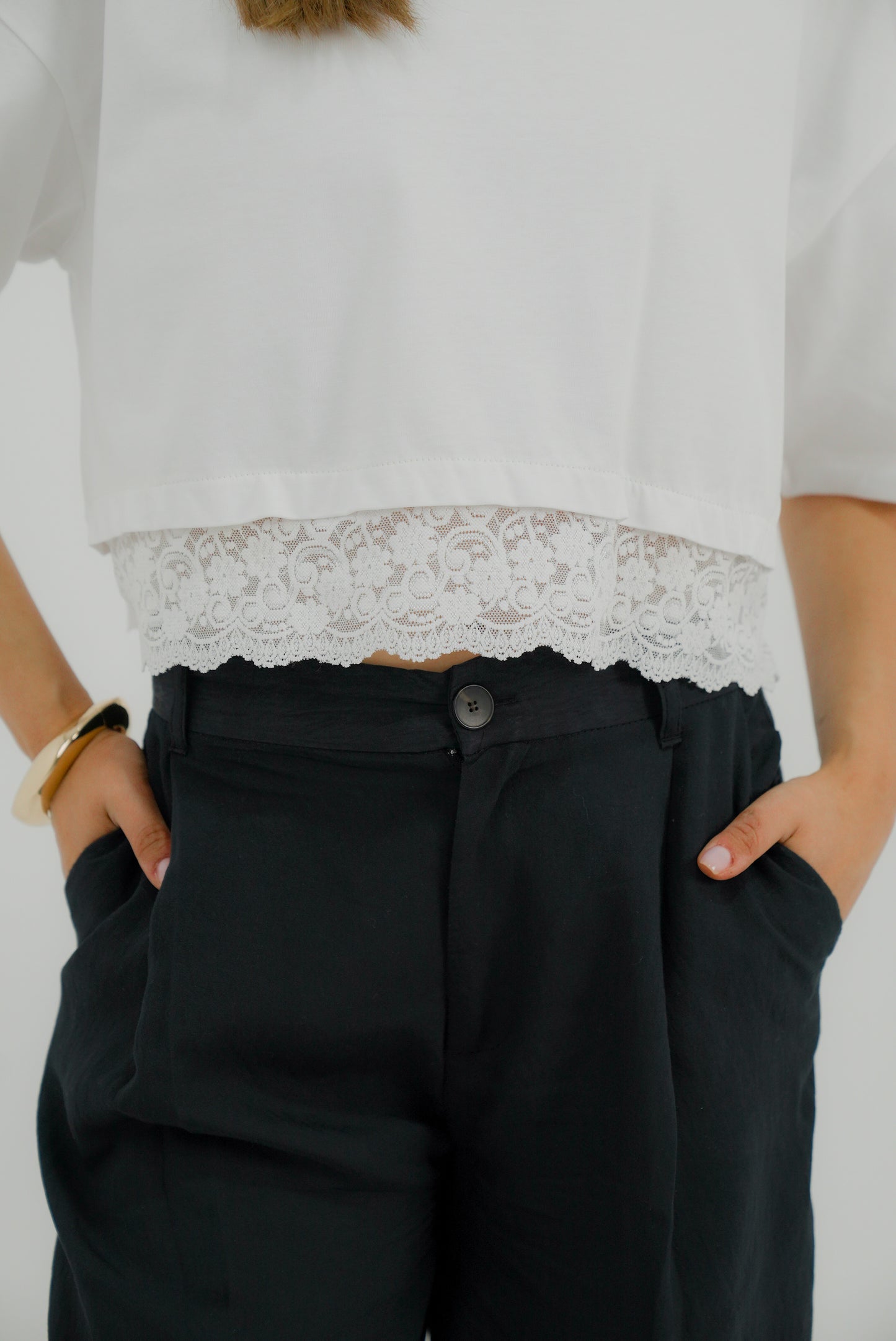 Cropped Tshirt - Lace Trim in White
