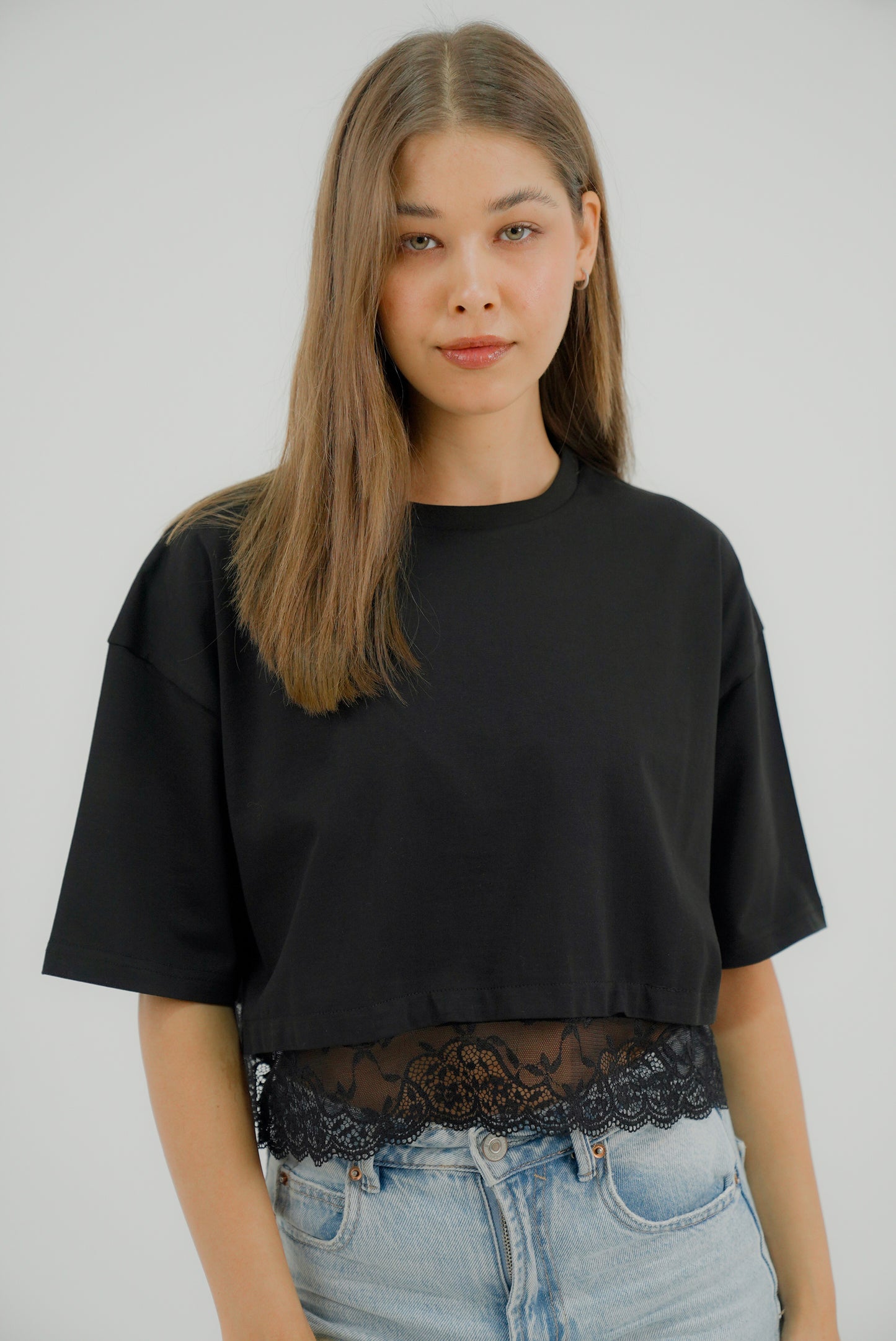 Cropped Tshirt - Lace Trim in Black