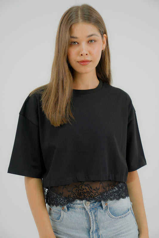 Cropped Tshirt - Lace Trim in Black