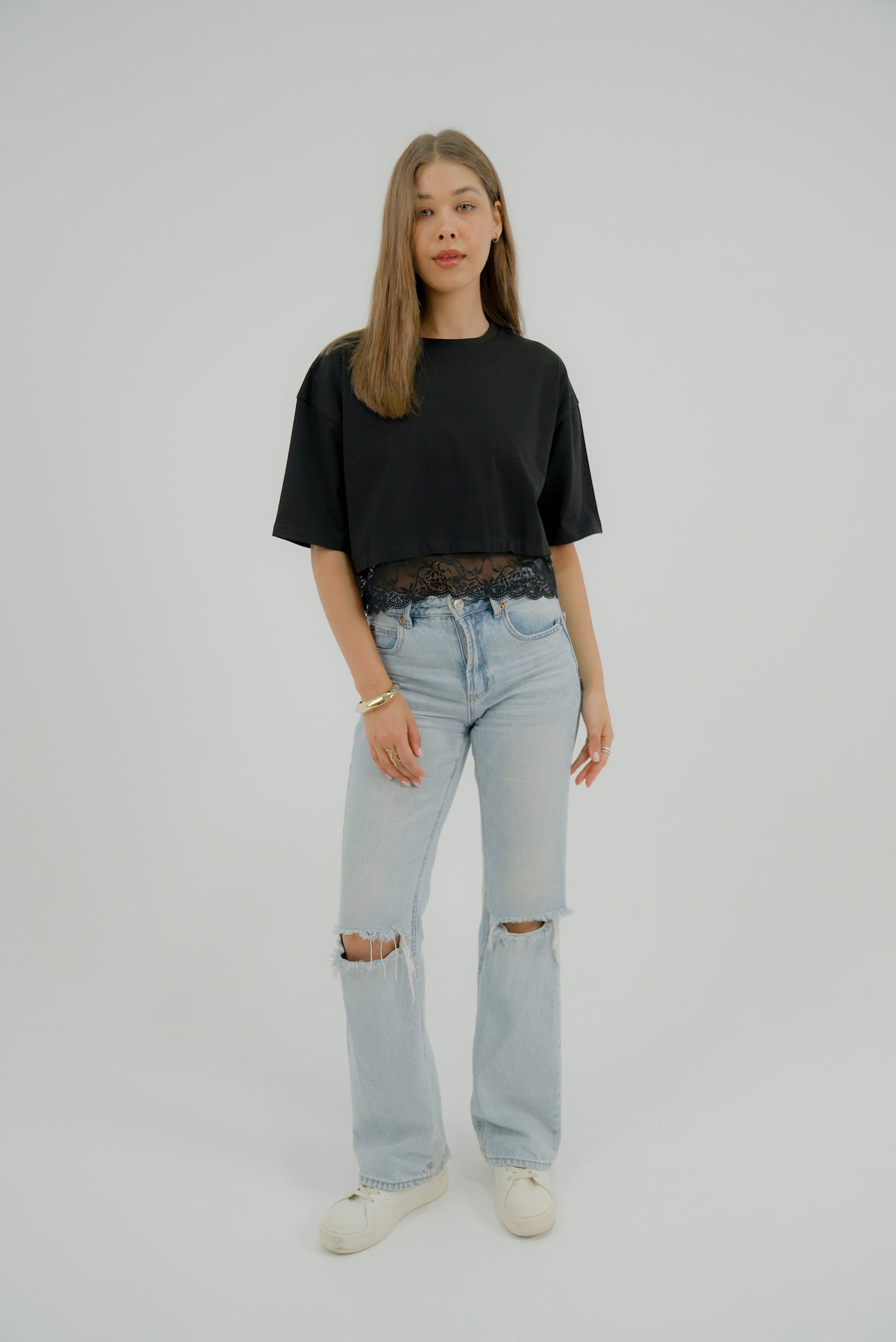 Cropped Tshirt - Lace Trim in Black