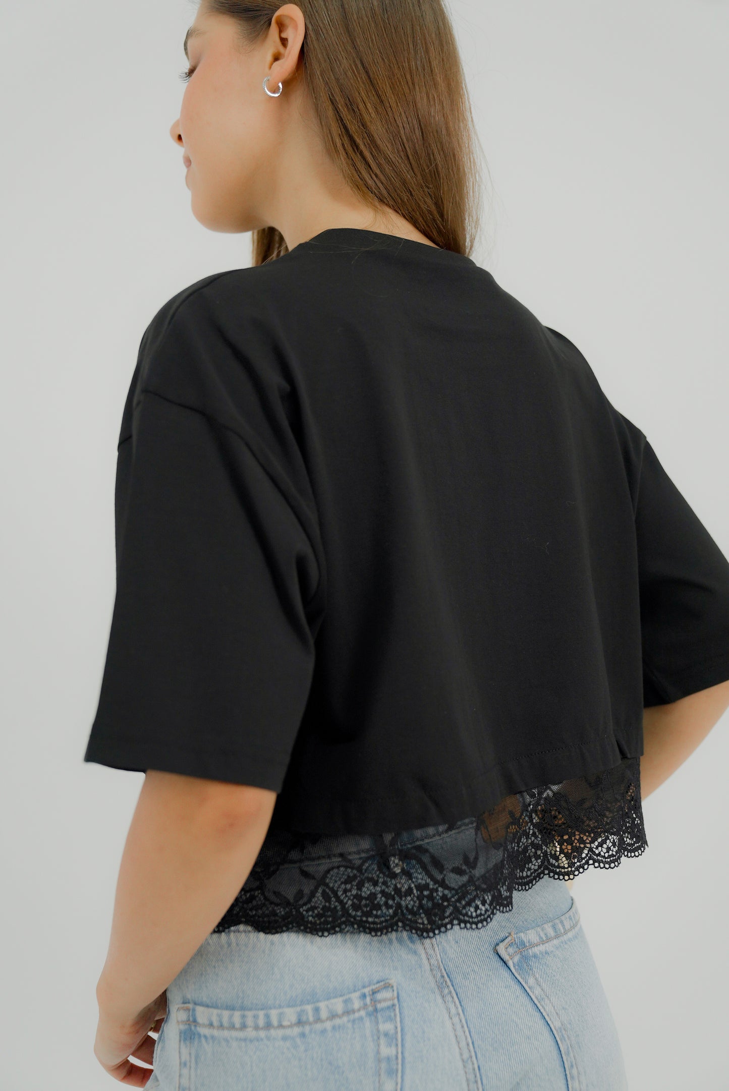 Cropped Tshirt - Lace Trim in Black