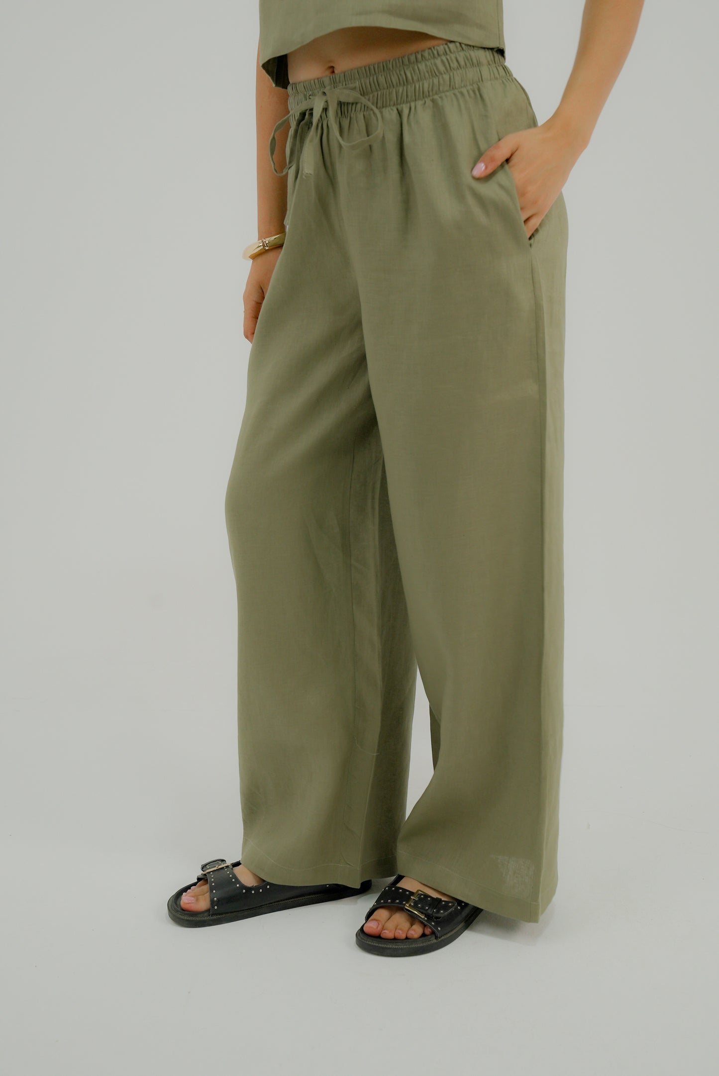 Wide Leg Linen Pants - Olive Green