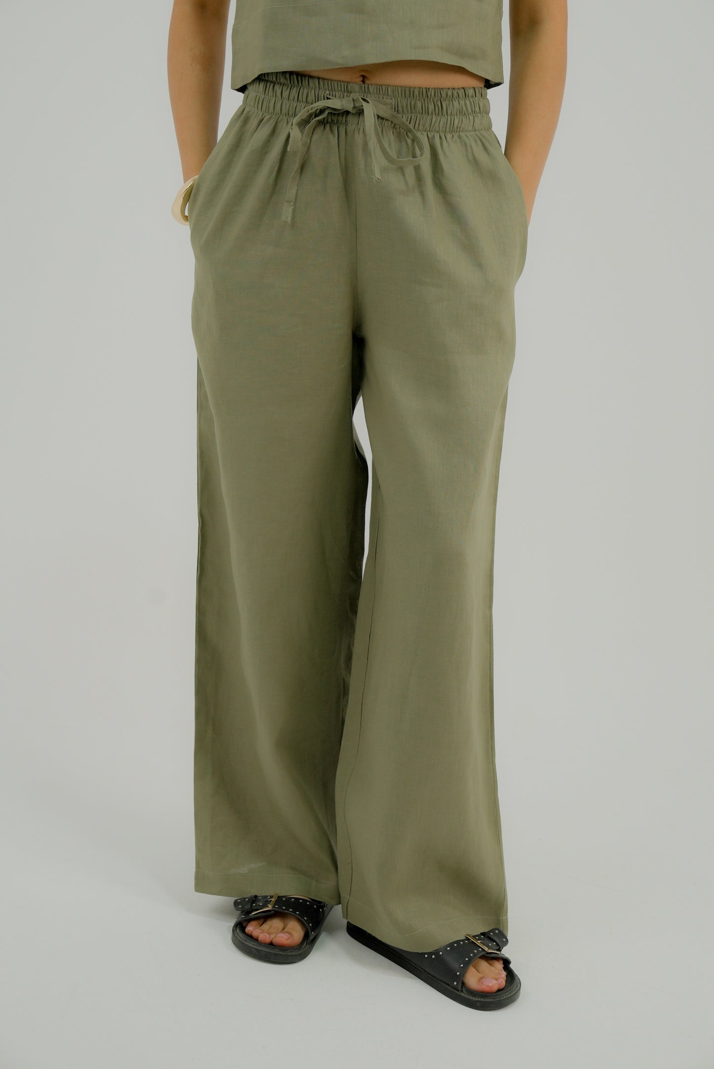 Wide Leg Linen Pants - Olive Green