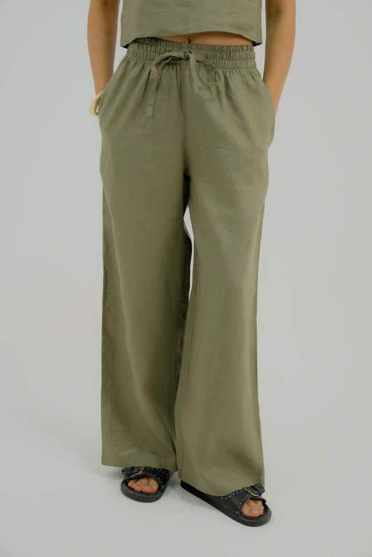 Wide Leg Linen Pants - Olive Green
