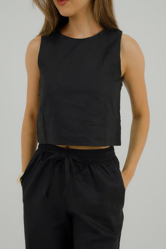 Sleeveless Linen Cropped Top - Black