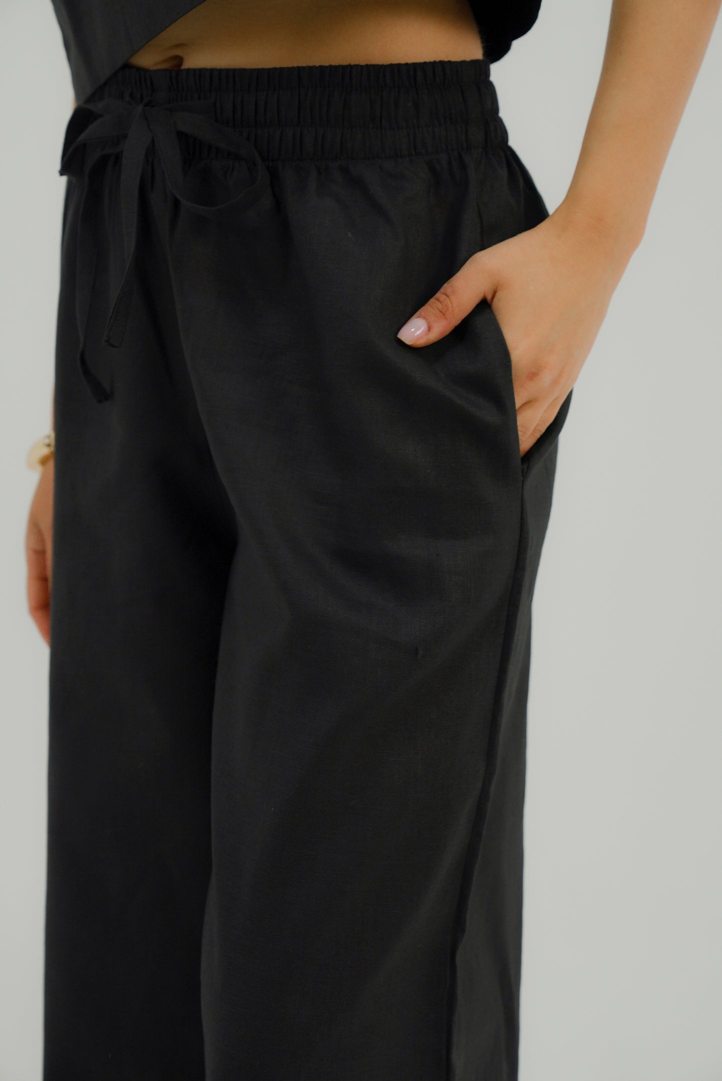Wide Leg Linen Pants - Black