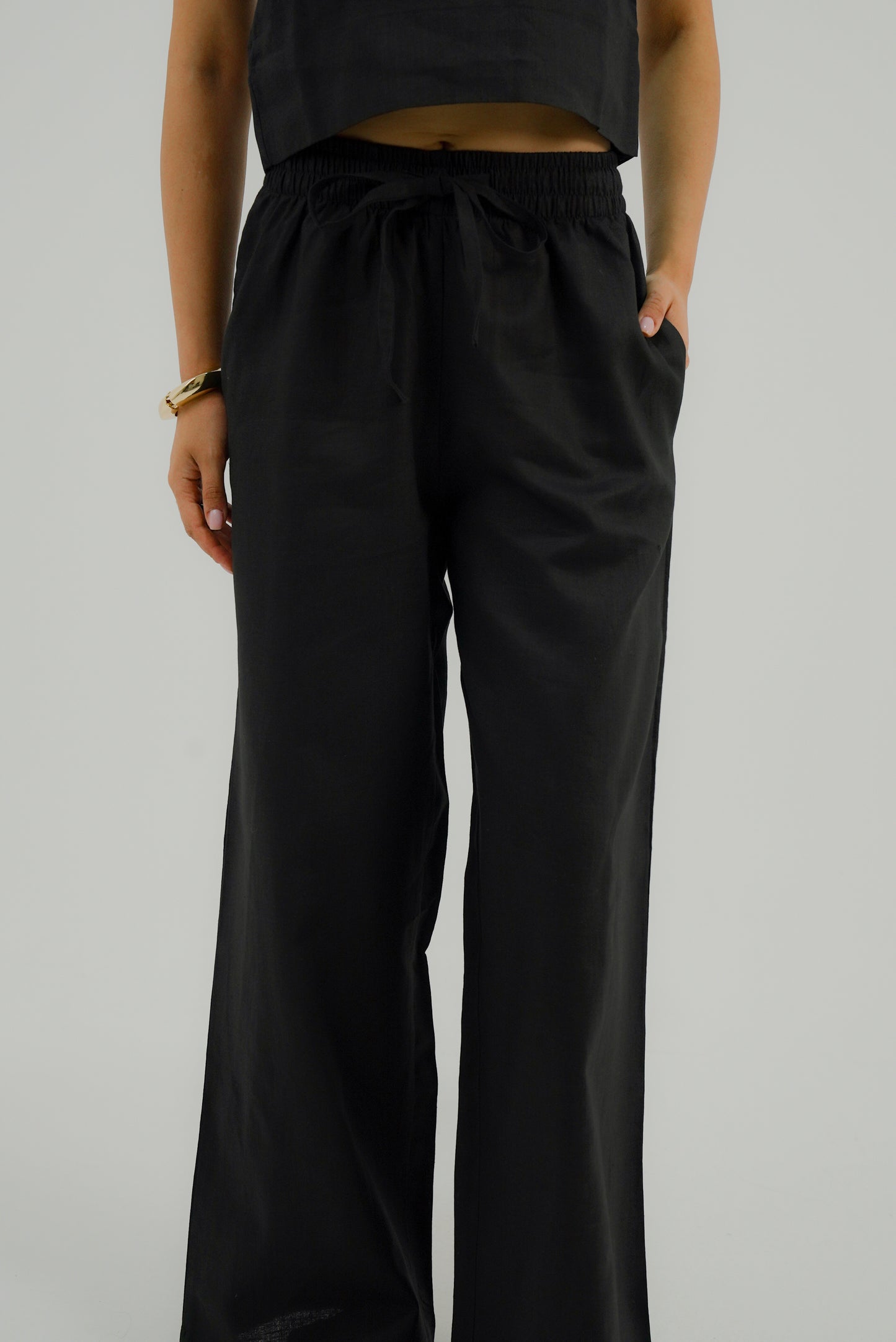 Wide Leg Linen Pants - Black